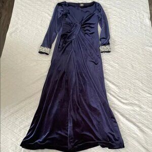 Vince Camuto Velvet Long Sleeve Ruched Formal Embelleshed Dress Gown Navy Maxi